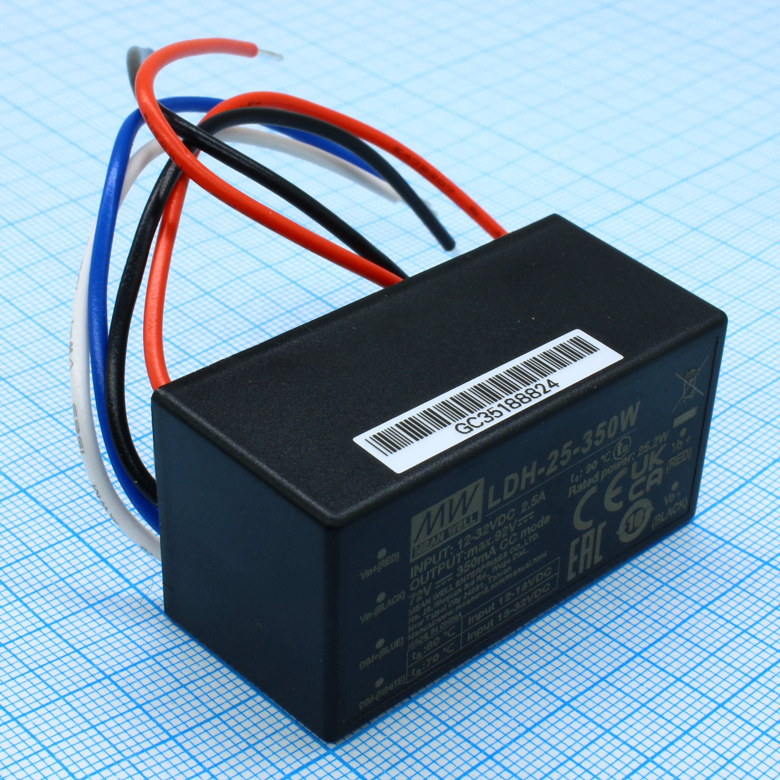 LDH-25-350W - DC/DC LED понижающий, вход 9.5…32В, выход 12.5…72В/0.35А, КПД до 95%, вход DIMM 2 in 1, 52.4x27.2x24мм, проводные выводы, -40…70°C, пластик