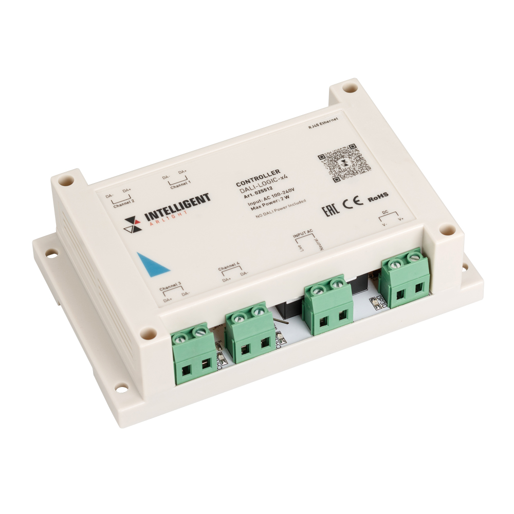 INTELLIGENT ARLIGHT Контроллер DALI-LOGIC-x4 (230B, Ethernet) 025512 - Контроллер DALI для управления и настройки 4-х линий DALI по 64 адреса в каждой. Мощное программное обеспечение позволяет обеспечить прохождение сигналов из линии в линию, программиров