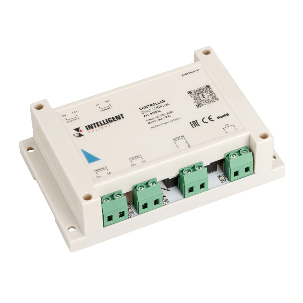INTELLIGENT ARLIGHT Контроллер DALI-LOGIC-x4 (230B, Ethernet) 025512 - Контроллер DALI для управления и настройки 4-х линий DALI по 64 адреса в каждой. Мощное программное обеспечение позволяет обеспечить прохождение сигналов из линии в линию, программиров