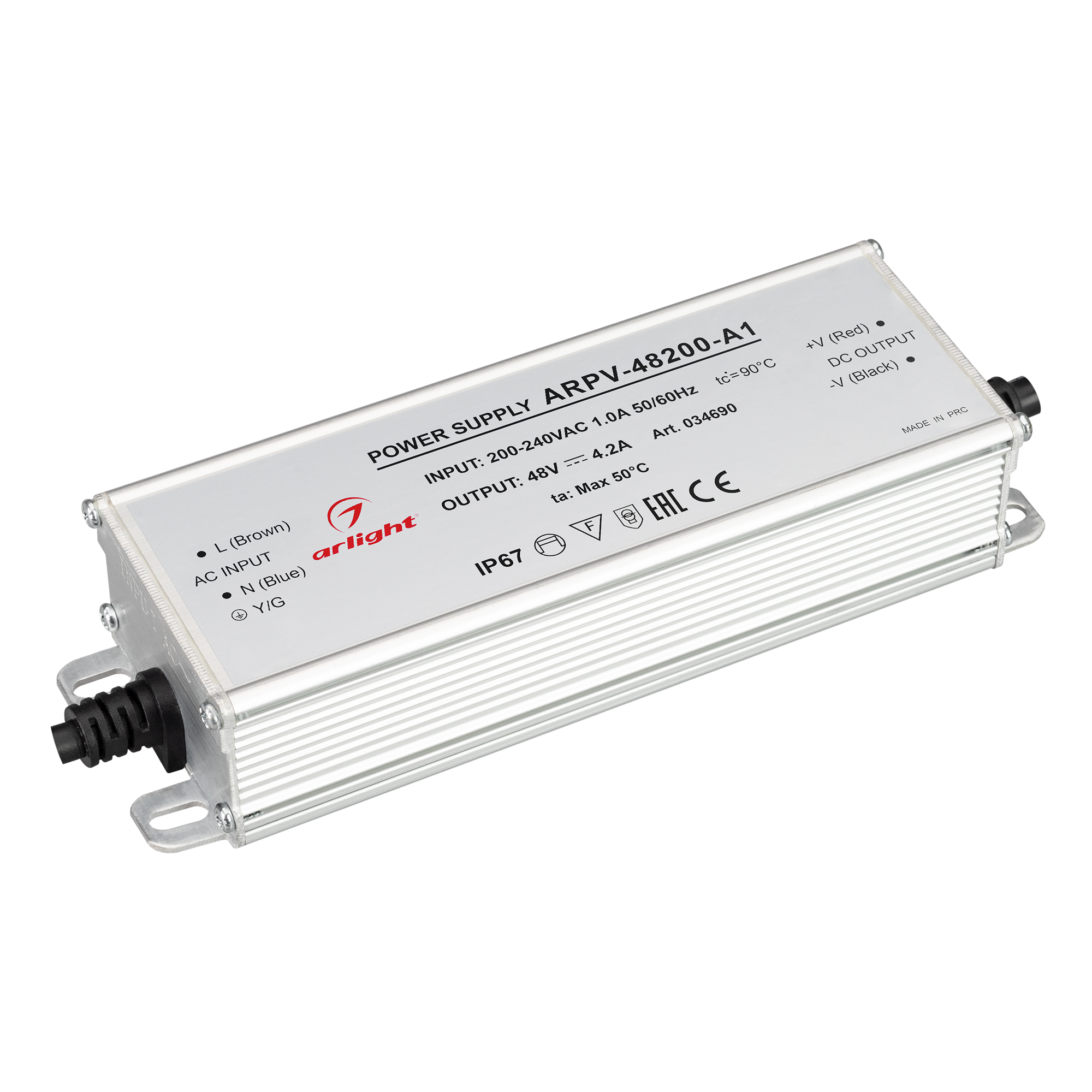 Блок питания ARPV-48200-A1 (48V, 4.2A, 200W) 034690 - Источник напряжения с гальванической развязкой для светодиодных изделий. Входное напряжение 200-240 VAC. Выходные параметры: 48 В, 4.2 А, 200 Вт. Встроенный PFC >0,5. Герметичный алюминиевый корпус IP 