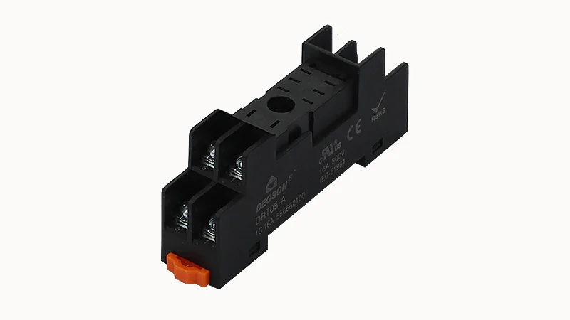 Колодка для реле DSRT08A-3 - Колодка для реле DRPT-2C, 10A, 300V, фиксация провода: с кольцевым наконечником, пластик, цвет: черный, монтаж на DIN рейку