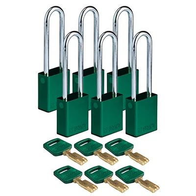 gws150252 - Замки SafeKey алюминиевые со стальной дужкой, высота дужки – 76 мм, диаметр дужки – 6.4 мм, алюминиевый корпус, размеры корпуса – 46х38х19 мм, цвет – зеленый, 6 шт/упак