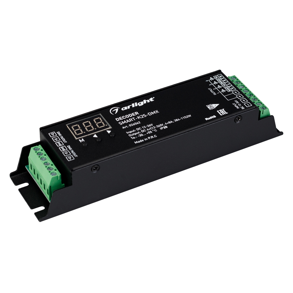 Декодер SMART-K25-DMX (12-36V, 4x8A) 026562 - Декодер DMX512 для трансляции DMX512 сигнала ШИМ(PWM) устройствам. Питание 12-36VDC. 4 канала, ток нагрузки 4x8A, мощность нагрузки 384-1152W. Входной сигнал DMX512, выходной сигнал ШИМ(PWM). Терминальные клем