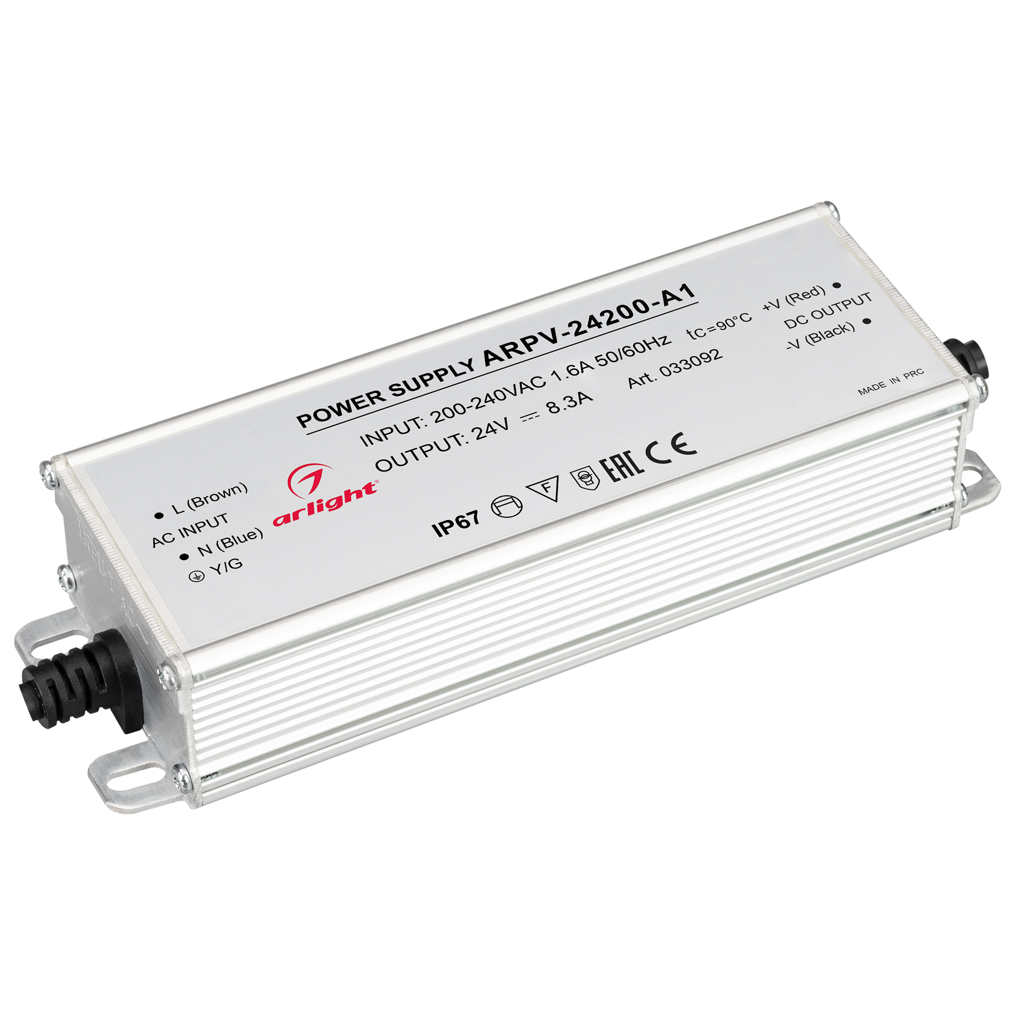 Блок питания ARPV-24200-A1 (24V, 8.3A, 200W) 033092 - Источник напряжения с гальванической развязкой для светодиодных изделий. Входное напряжение 200-240 VAC. Выходные параметры: 24 В, 8.3 А, 200 Вт. Встроенный PFC >0.5. Герметичный алюминиевый корпус IP 
