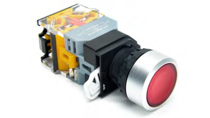 Кнопка DT22M-FRD11/RDAC/DC24 - Кнопка управления в сборе, без фиксации, 24 - 380VAC / DC, 0,6 - 10A, с подсветкой, 24VDC, цвет: красный, диаметр отверстия: 22 мм, металлическая обойма кнопки
