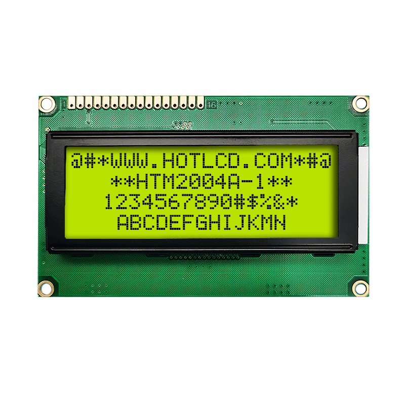 HTM2004A-01Y-T5P 12H - ЖКИ знакосинтезирующий 20 x 4, STN Желто-зеленый Позитивный/прозрачно-отражающий светодиодная подсветка желто-зеленая размеры 98x60 мм, видимая область 76x25.8 мм, -20...70°C, 12 o`clock, 16 контактов сверху