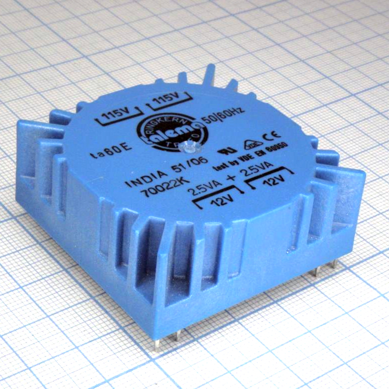 70022K - Тороидальный трансформатор 5ВА 2x115В 2x12В 208мА, для печатного монтажа