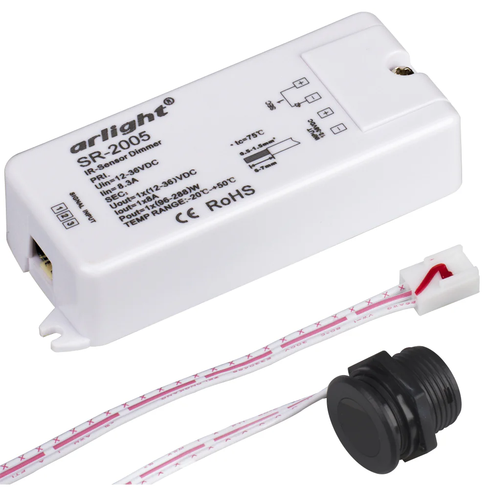 Диммер SR-2005 (12-36V, 96-288W, IR-Sensor) 014047 - Диммер с внешним сенсором (сенсор черный в комплекте). Питание/рабочее напряжение блока управления DC 12-36 В, максимальный ток 8 A на канал, 1 канал, максимальная мощность 96-288 Вт. Расстояние срабаты
