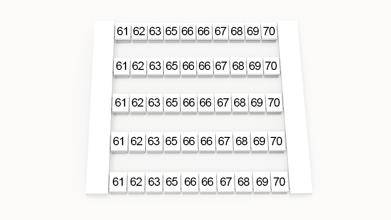 Марк. кассета DEK6-50P-19-33Z(H) - Кассета с шильдиками для клемм WS…, сечением 4 мм кв., боковая, 50 шильдиков, нанесенные символы: 61-70, 5 полосок, с вертикальным расположением, размер шильдика: 5,8х5,5 мм, цвет белый