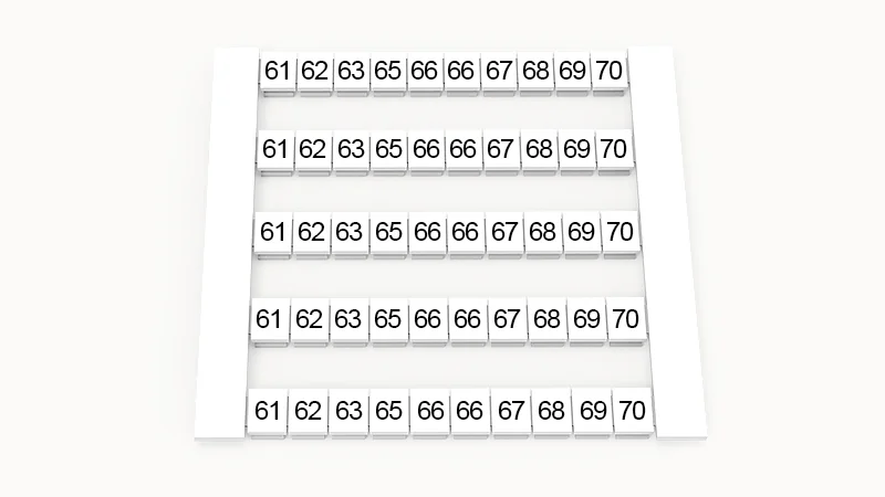 Марк. кассета DEK6-50P-19-33Z(H) - Кассета с шильдиками для клемм WS…, сечением 4 мм кв., боковая, 50 шильдиков, нанесенные символы: 61-70, 5 полосок, с вертикальным расположением, размер шильдика: 5,8х5,5 мм, цвет белый