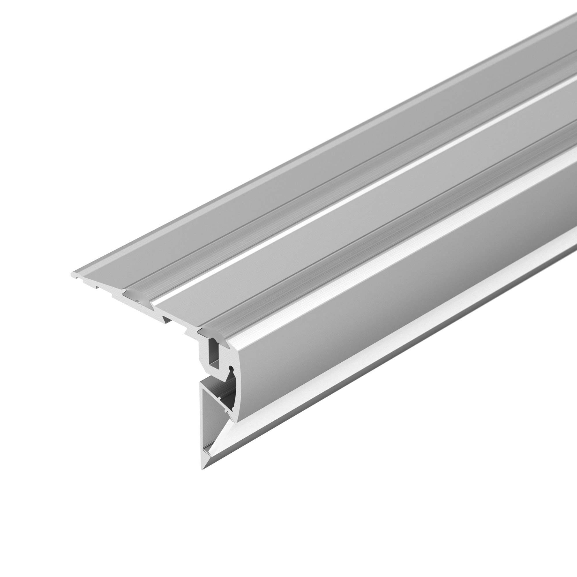 Профиль STEP-FRONT-2000 ANOD 023866 - Под заказ от 40 м. Алюминиевый анодированный высокопрочный профиль для подсветки ступеней. Верхняя и фронтальная широкая линии подсветки. Антискользящие прокладки в комплекте. Габаритные размеры (LхWхH): 2000x80x56 мм