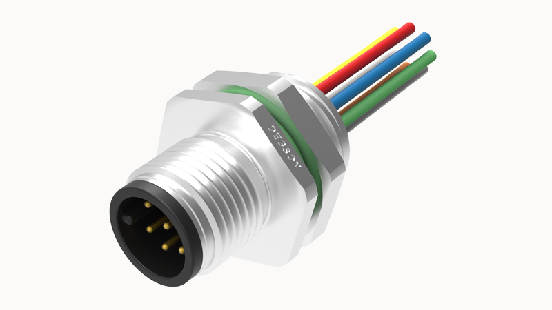 Вилочный разъем SD-M12A-08P-MM-SH8B50 - Вилочный разъем в панель, 8 полюсов, M12, гайка сзади, с проводом, A-Code, сечение проводовников: 0.25 мм кв., (цвет проводовников: коричневый, белый, синий, черный, серый), 2А, 30V, M16*1.5 металл