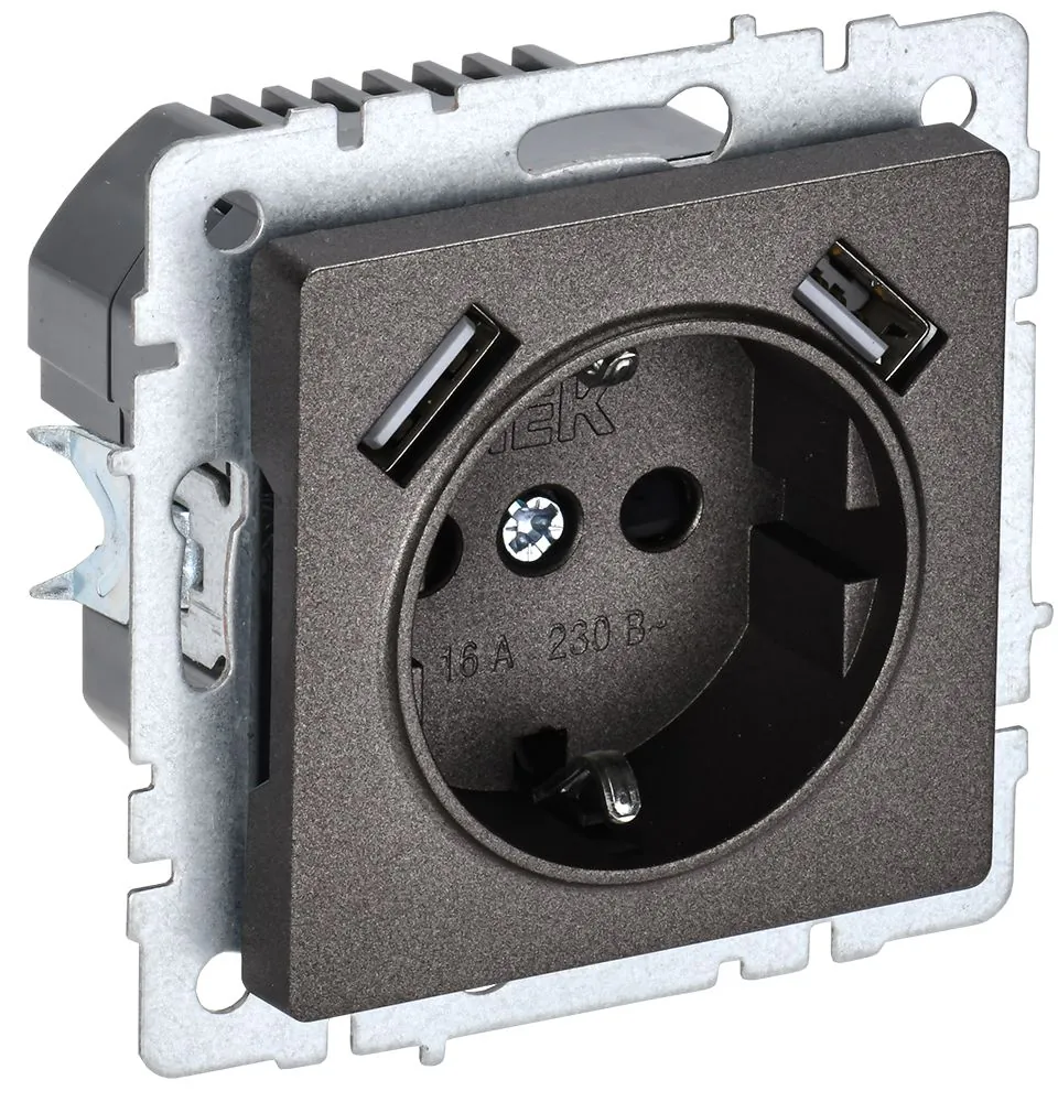 BRITE Розетка с заземлением с защитными шторками 16А с USB A+A 2,1А РЮш10-1-БрТБ бронза