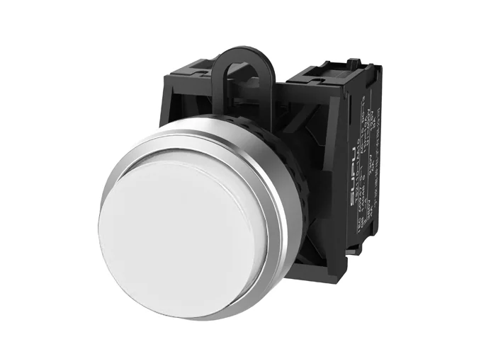 Кнопка выпуклая (белая) TS2520-0BM50-R20 - Кнопка круглая выпуклая, без блокировки, без подсветки, алюминиевое переднее кольцо, с плавным нажатием, с контактной группой 2NO, диаметр головки кнопки 29,5 мм, диаметр посадочного отверстия: 22 мм, цвет: белый