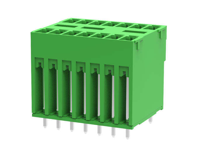 Вилочный разъем на плату MC-DPA3.81V10-0002 - Вилочный разъем, вертикальный, 2 этажа, на плату, шаг: 3.81 мм, 10x2 полюсов, фиксация на плате пайкой, исполнение: стандартное, 160V, 8A, цвет: зеленый