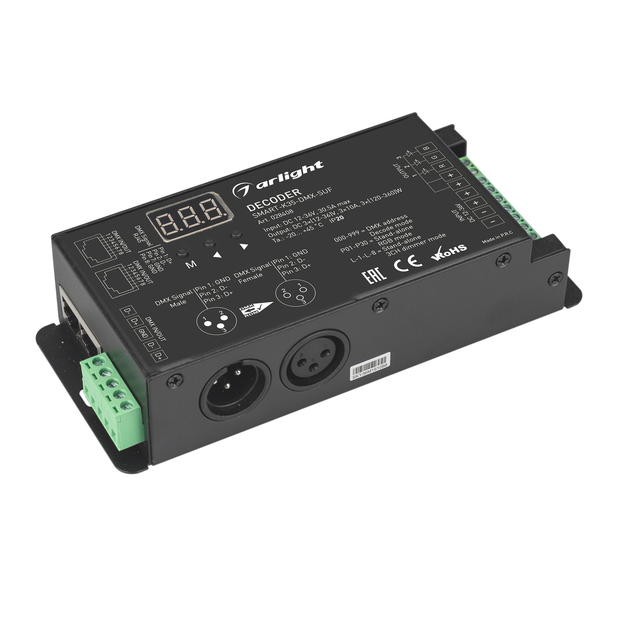 Декодер SMART-K35-DMX-SUF (12-36V, 3x10A, XLR3) 028408 - Декодер DMX512 для трансляции DMX512 сигнала ШИМ(PWM) устройствам. Питание 12-36VDC. 3 канала, ток нагрузки 3x10A, мощность нагрузки 330-1080W. Входной сигнал DMX512, выходной сигнал ШИМ(PWM). XLR3 
