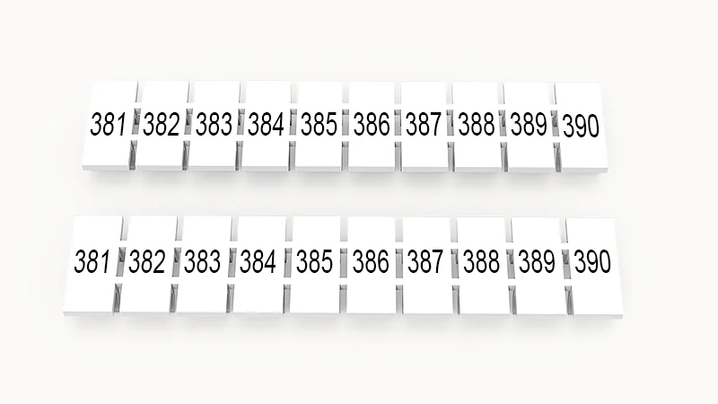 Марк.  полоска ZB5-10P-19-521Z(H) - Маркировочные шильдики для клемм WS…, DC…, PC…, сечением 2,5 мм кв., центральная, 10 шильдиков, нанесенные символы: 381-390 с вертикальным расположением, размер шильдика: 4,55х10,7 мм, цвет белый