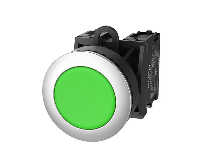 Кнопка плоская (зеленая) TS2520-0CL20-R20 - Кнопка круглая плоская, с блокировкой, без подсветки, утопленное алюминиевое переднее кольцо, с плавным нажатием, с контактной группой 2NO, диаметр головки кнопки 36 мм, диаметр посадочного отверстия: 22 мм, цве