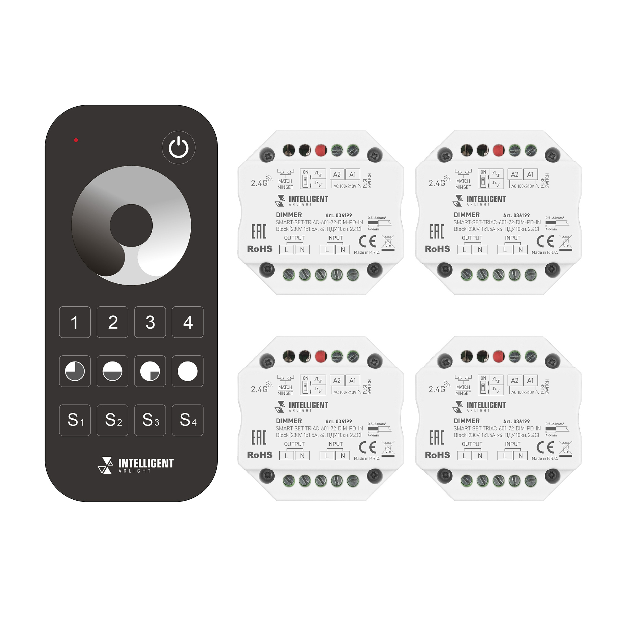 INTELLIGENT ARLIGHT Диммер SMART-SET-TRIAC-601-72-DIM-PD-IN Black (230V, 1x1.5A, x4, ПДУ 10кн, 2.4G) 036199 - Комплект диммера TRIAC с пультом, предназначенный для установки в подрозетник. В комплекте 4 диммера и 4-зонный пульт с сенсорным кольцом. Питани