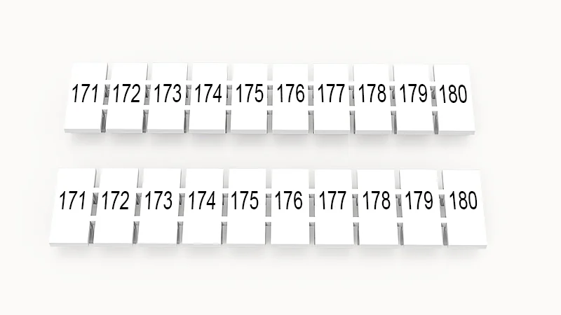 Марк.  полоска ZB6-10P-19-29Z(H) - Маркировочные шильдики для клемм WS…, DC…, PC…, сечением 4 мм кв., центральная, 10 шильдиков нанесенные символы: 171-180, с вертикальным расположением, размер шильдика: 5,55х10,7 мм, цвет белый