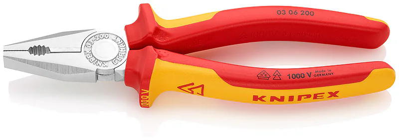 Диэлектрические пассатижи KN-0306200SB - Плоскогубцы комбинированные, с режущей кромкой, с изолированными многокомпонентными рукоятками, испытанными на соответствие нормам VDE, длина 200мм