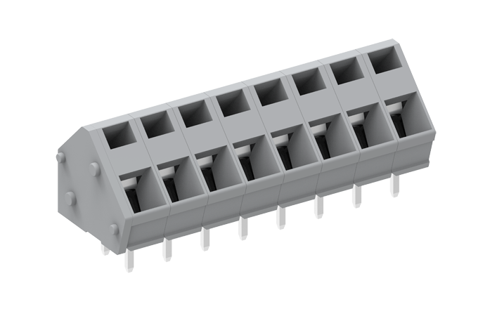 Розеточный разъем на плату 256724 - Клемма, подвод кабеля 45 град., на плату, шаг 5.0 мм, 24 полюса, фиксация провода пружинная, исполнение: два вывода на контакт, 320V, 24A, цвет: серый