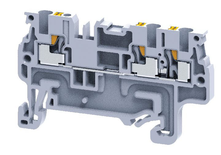 Проходная клемма CP1.5/3 - Проходная клемма, 3 точки подключения, тип фиксации провода: push-in, 1,5 мм кв., 15A, 800V, ширина: 3,5 мм, цвет: серый, тип монтажа: DIN 35