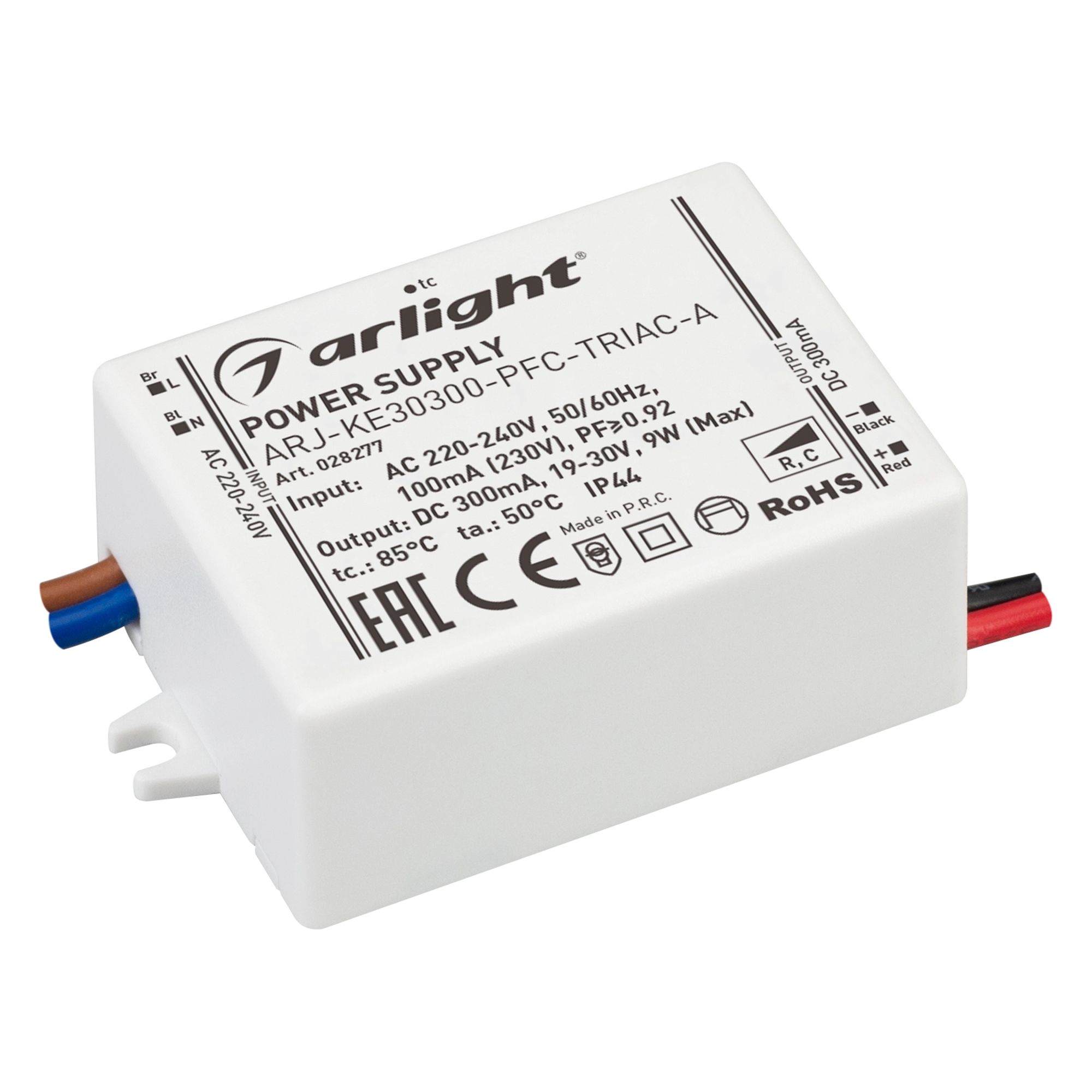 Блок питания ARJ-KE30300-PFC-TRIAC-A (9W, 300mA) 028277 - Диммируемый источник тока по стандарту TRIAC с гальванической развязкой для светильников и мощных светодиодов. Входное напряжение 220-240 VAC. Выходные параметры: 19-30 В, 300 mА, 9 Вт. Встроенный 