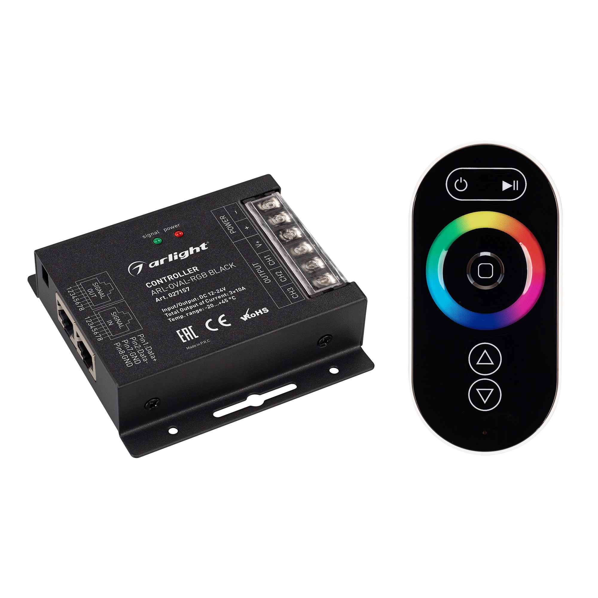 Контроллер ARL-OVAL-RGB Black (12-24V, 3x10A, ПДУ Овал, RF, RJ45) 027157 - 3-канальный RGB контроллер с радиопультом черного цвета. Управление с помощью кнопок и сенсорного кольца. Питание 12-24VDC, макс.ток 3х10A, максимальная мощность 360-720W. Габариты