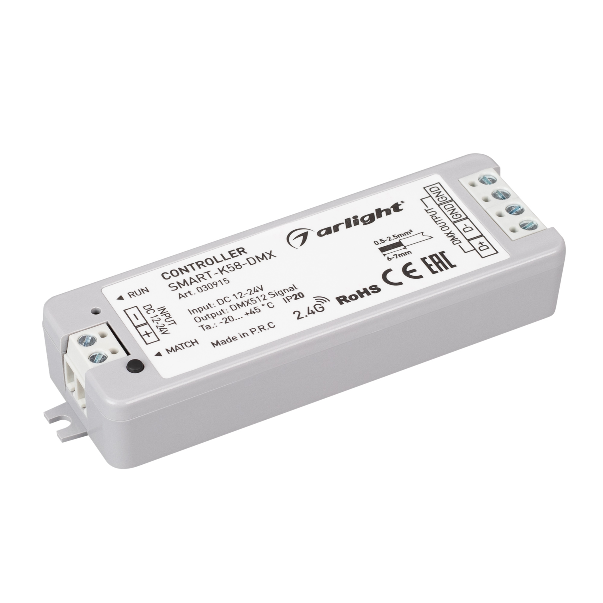 Контроллер SMART-K58-DMX (12-24V, 2.4G) 030915 - Миниатюрный DMX512 контроллер для управления DMX512 лентами и модулями. Питание DC5-24V, выход цифровой сигнал DMX512. Габариты 97х33х18 мм. Корпус - PVC. Управляется пультами и панелями серии SMART.