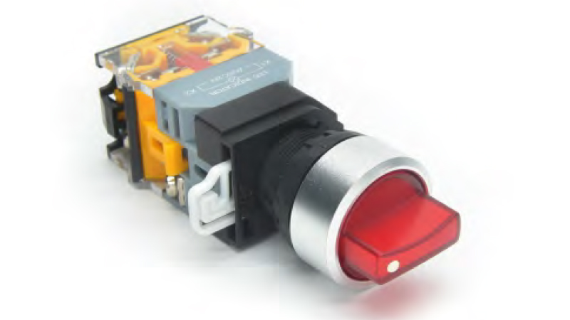 Переключатель  DT22M-S2RD11/RDAC/DC24 - Переключатель 2 положения, в сборе, без фиксации, 24 - 380VAC / DC, 0,6 - 10A, с подсветкой 24VDC, красный, диаметр отверстия: 22 мм, металлическая обойма кнопки