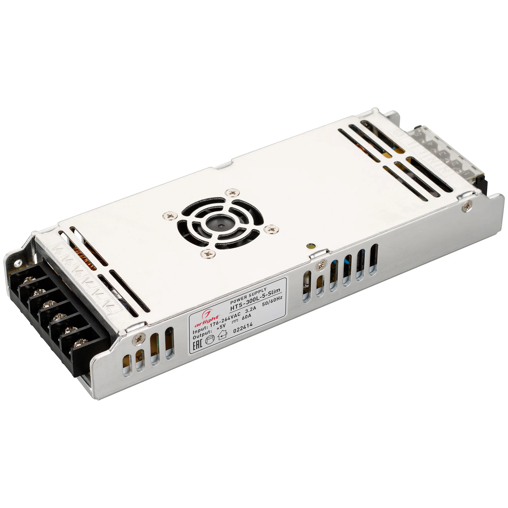 Блок питания HTS-300L-5-Slim (5V, 60A, 300W) 022414 - Источник напряжения с гальванической развязкой для светодиодных изделий. Входное напряжение 176-264 VAC. Выходные параметры: 5 В, 60 А, 300 Вт. Встроенный PFC >0,5. Негерметичный алюминиевый сетчатый к