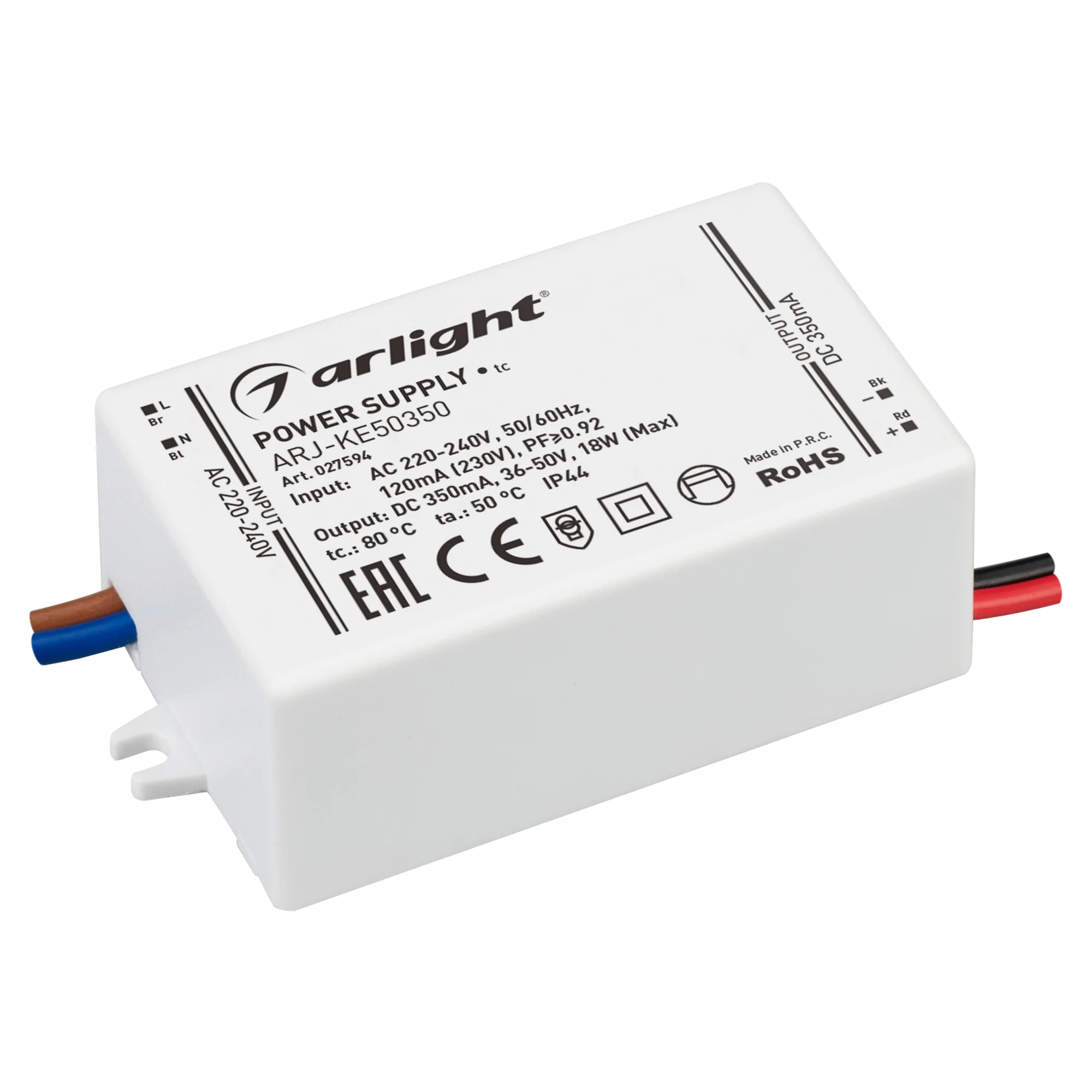 Блок питания ARJ-KE50350 (18W, 350mA, PFC) 027594 - Источник тока с гальванической развязкой для светильников и мощных светодиодов. Входное напряжение 220-240 VAC. Выходные параметры: 36-50 В, 350 mА, 18 Вт. Встроенный PFC >0.92. Негерметичный пластиковый