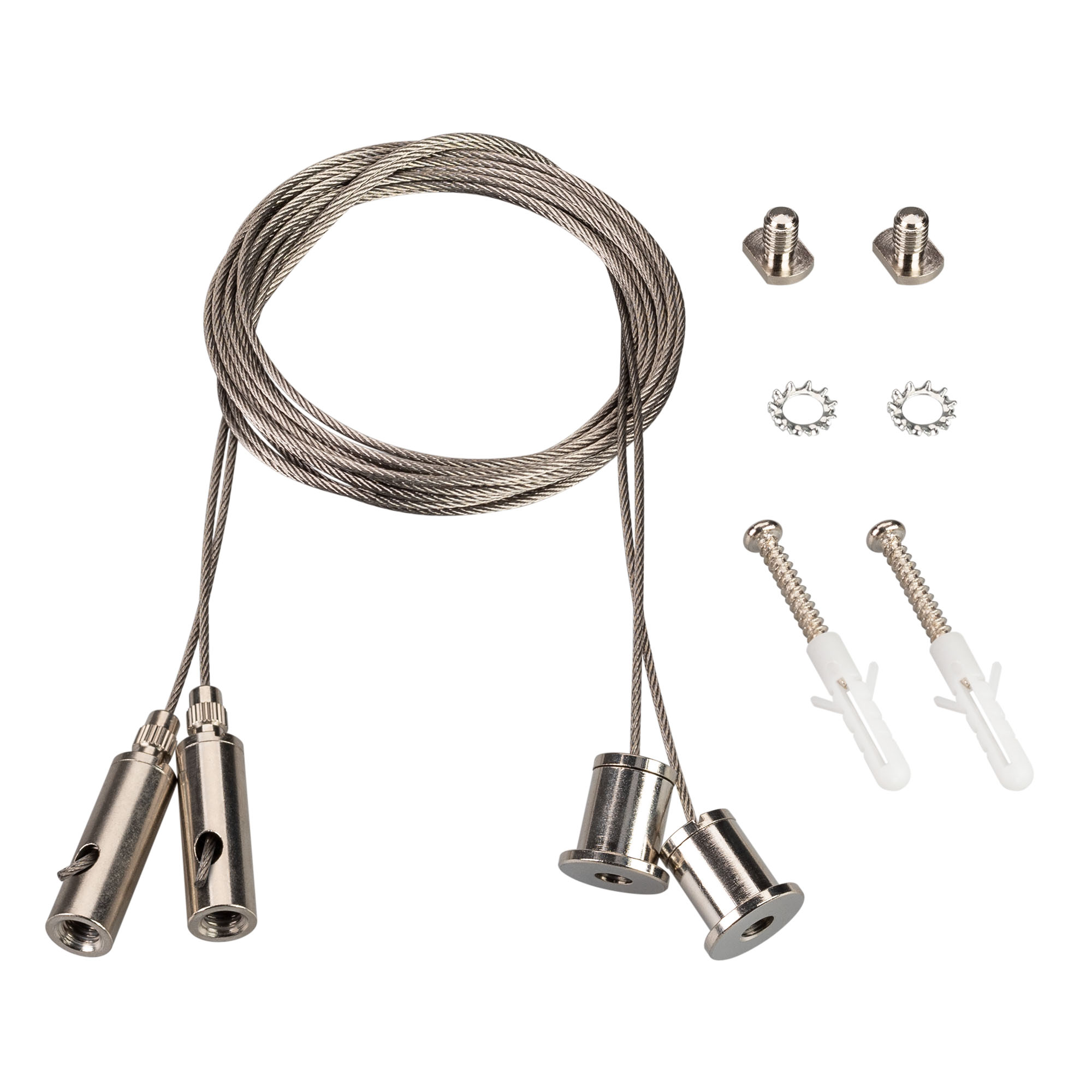 Подвес LINE-S 2x2m Set (Pad 9x2mm) 042565 - 2м подвес для профилей LINE-S. В комплекте: трос 2 м - 2шт., винт с площадкой 9х12х2мм - 2шт, шуруп - 2 шт., дюбель - 2 шт. Цена за 1 комплект.