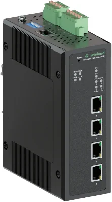 Коммутатор WIENET L2MS 4G-4PoE - Коммутатор серии WieNet, управляемый, 4 порта RJ45 скорость передачи 10/100 MBit/s, 4 порта PoE, номинальное напряжение: 9-57 VDC, монтаж: на DIN рейку, материал корпуса: алюминий