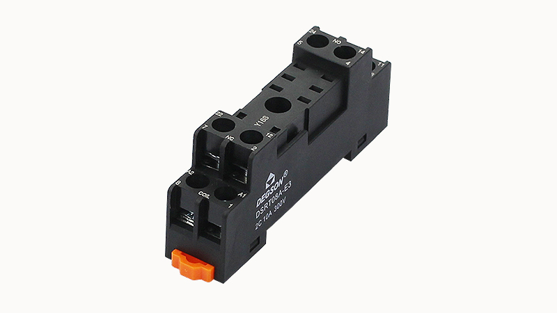 Колодка для реле DSRT08A-E3 - Колодка для реле DRPT-2C, 10A, 300V, фиксация провода: с вилочным наконечником с защитой от прикосновения, пластик, цвет: черный, монтаж на DIN рейку