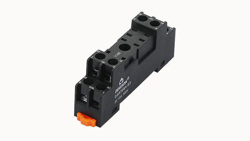 Колодка для реле DSRT08A-E3 - Колодка для реле DRPT-2C, 10A, 300V, фиксация провода: с вилочным наконечником с защитой от прикосновения, пластик, цвет: черный, монтаж на DIN рейку