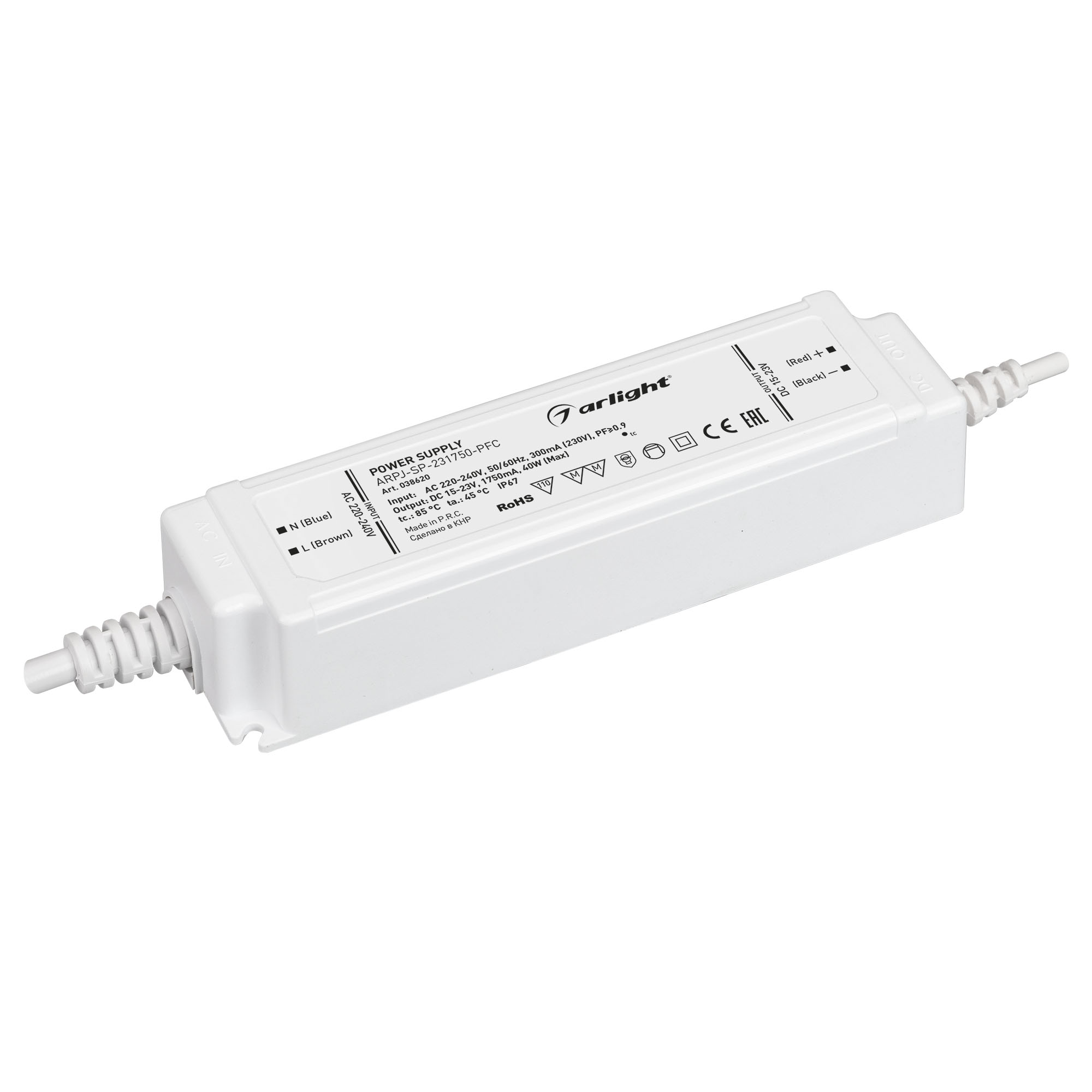 Блок питания ARPJ-SP-231750-PFC (40W, 15-23V, 1.75A) 038620 - Источник тока с гальванической развязкой для светильников и мощных светодиодов. Входное напряжение 220-240 VAC. Выходные параметры: 15-23 В, 1750 mА, 40 Вт. Встроенный PFC >0.9. Герметичный пла