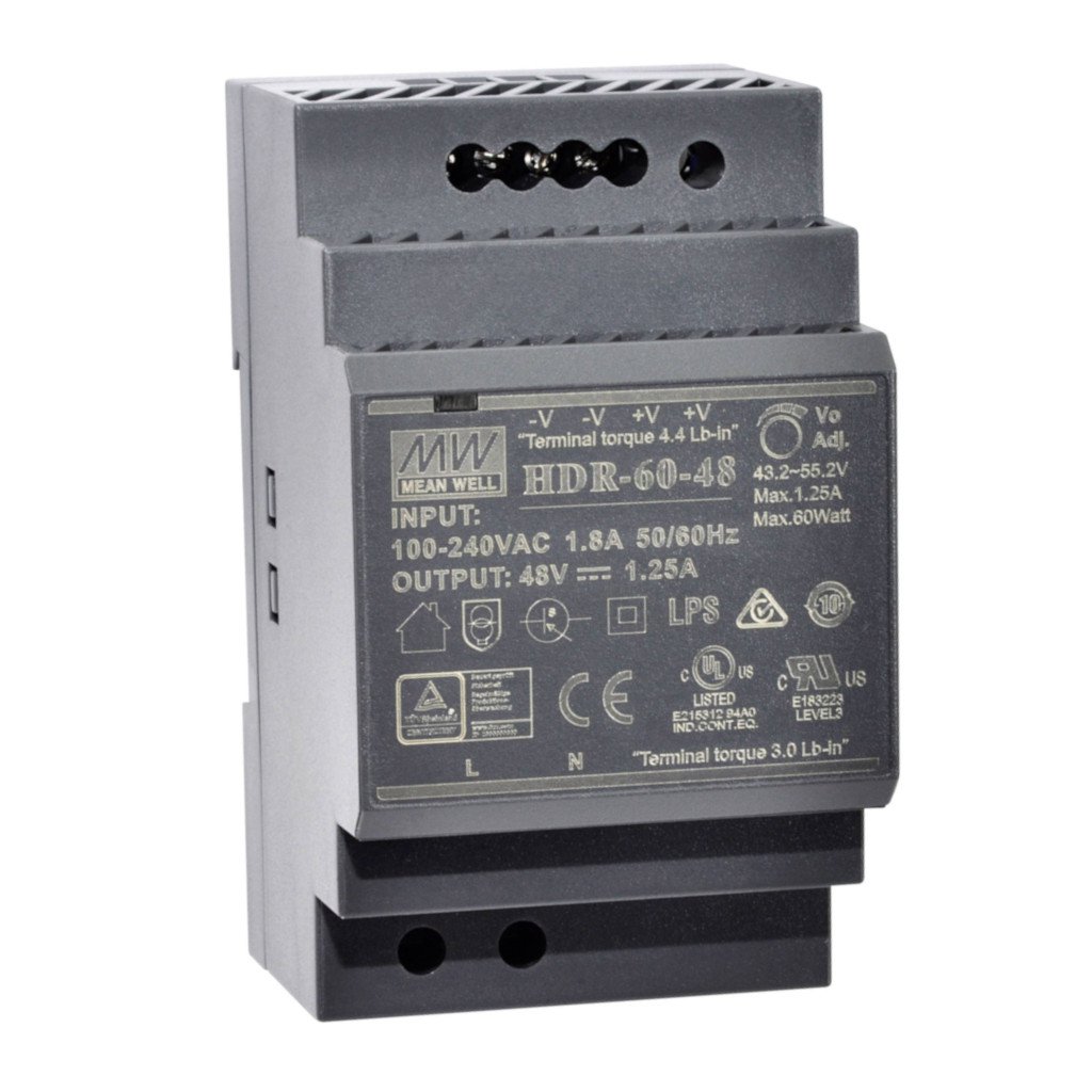 HDR-60-48 - AC-DC, 60Вт, вход 85...264 В AC 47...63Гц/120...370В DC, выход 48В/1.25А, изоляция 3000В AC, в кожухе на DIN-рейку, 52.5х90х54.5мм, -30...+70°С