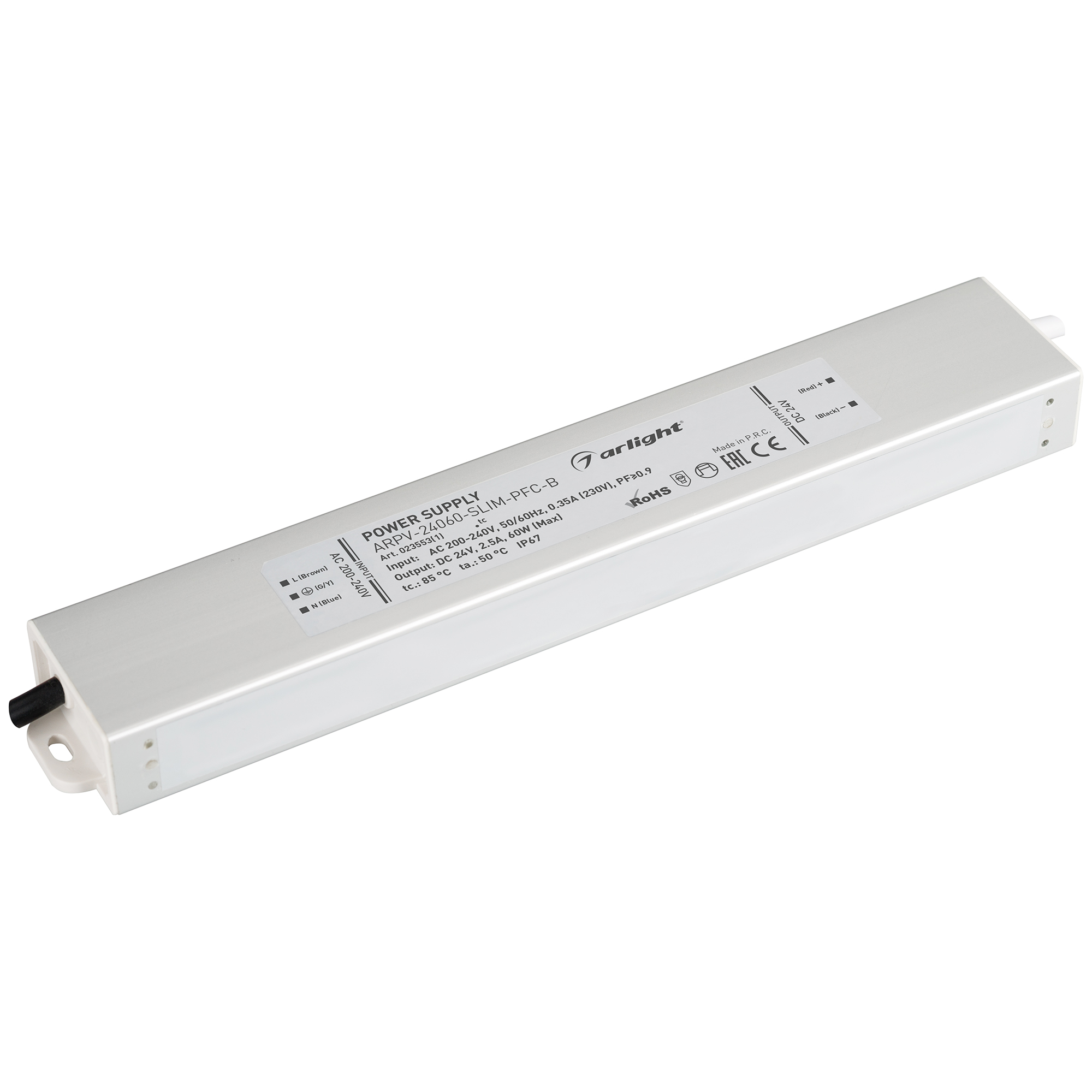 Блок питания ARPV-24060-SLIM-PFC-B (24V, 2.5A, 60W) 023553(1) - Источник напряжения с гальванической развязкой для светодиодных изделий. Входное напряжение 200-240 VAC. Выходные параметры: 24 В, 2.5 А, 60 Вт. Встроенный PFC >0.9. Герметичный алюминиевый к