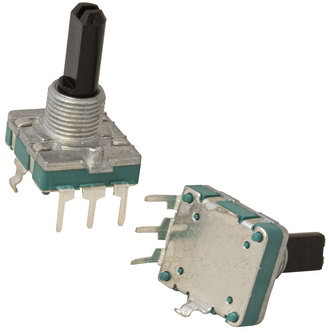 PEC16 24/24 20MM - Энкодер PEC16, 24 щелчка, 24 импульса, пластмассовый вал с лыской 20мм, горизонтальные выводы, крепление на гайку 9мм