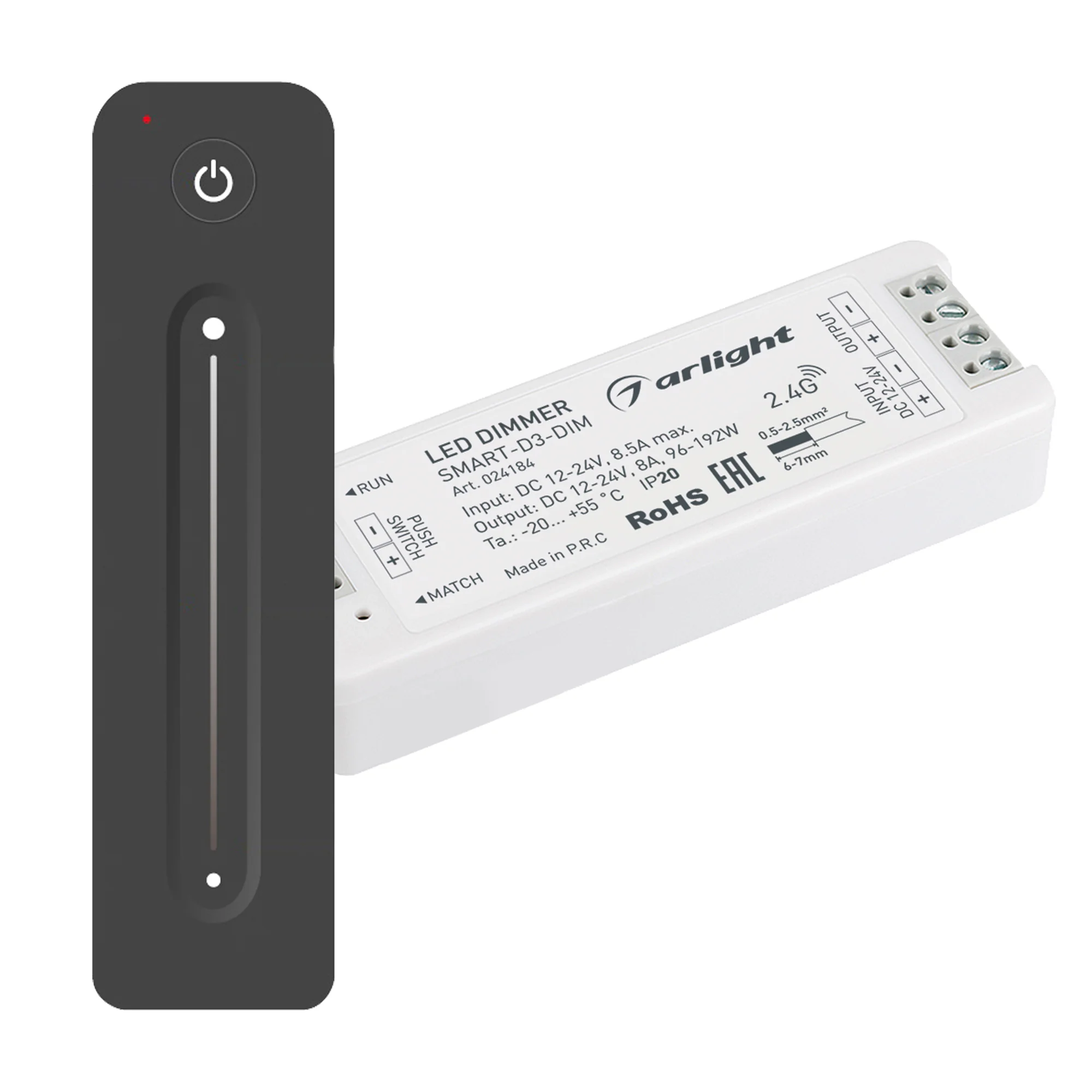 Диммер SMART-DIM-SET-LINE (12-24V, 1x8A, ПДУ 2.4G) 034794 - Комплект диммера с пультом для одноцветной светодиодной ленты (ШИМ). Питание/рабочее напряжение 12-24VDC, максимальный ток 8A на канал, 1 канал, максимальная мощность 96-192W. Габариты диммера 97