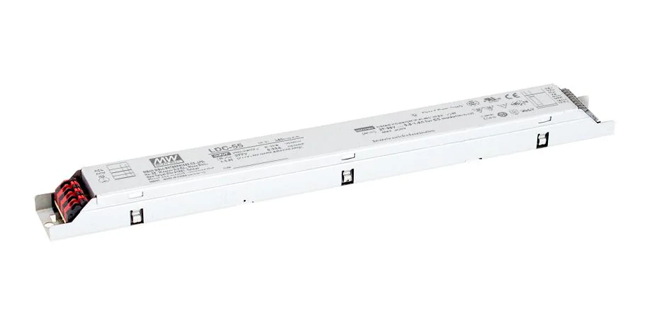 LDC-55B - AC-DC, 55Вт, стабилизатор тока, вход 180…295В AC, 47…63Гц, выход 500…1600мA/27…56В, ККМ, изоляция 3750В AC, в кожухе 320х30х21мм, -25…+80°С, NTC вход, димминг 0…10В и ШИМ