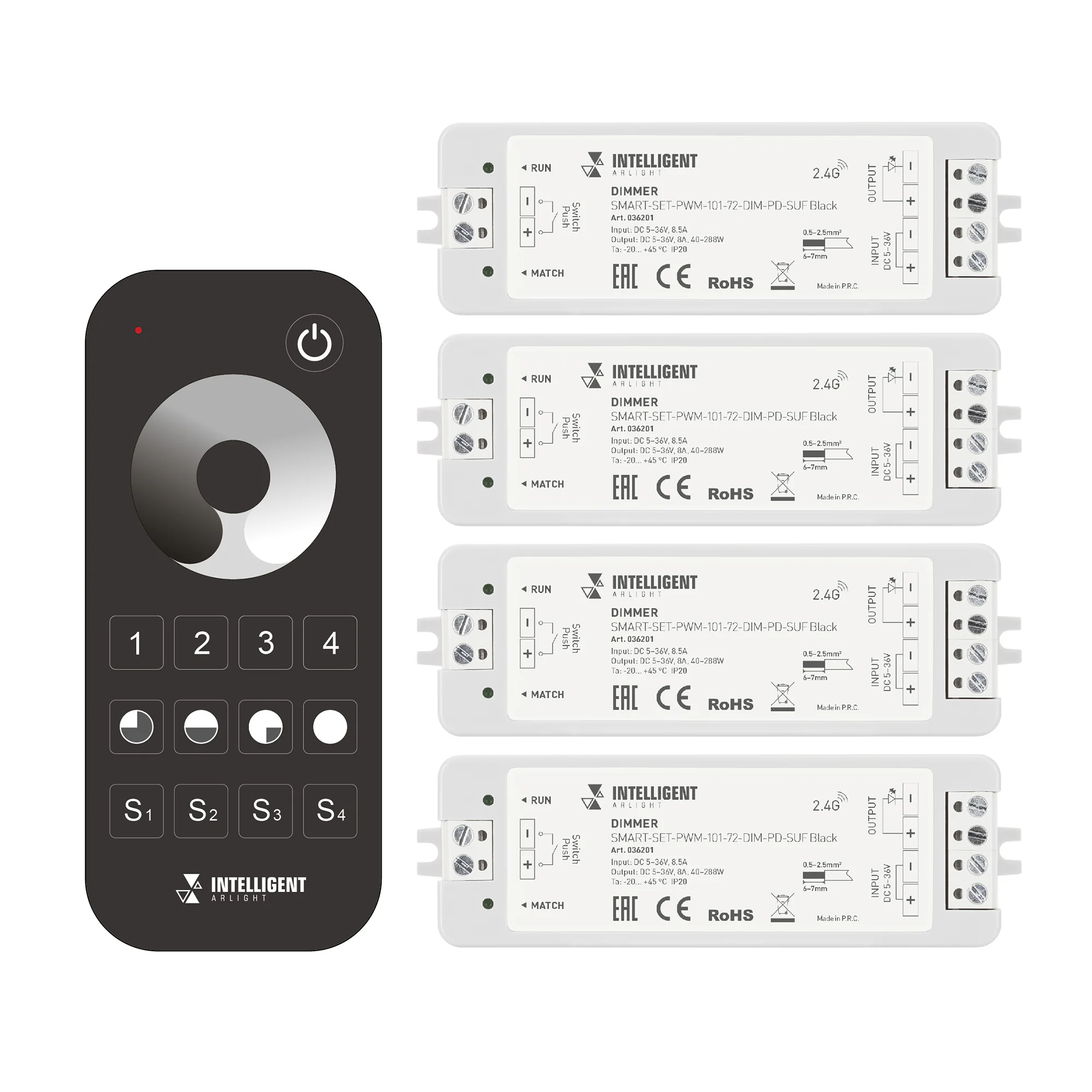INTELLIGENT ARLIGHT Диммер SMART-SET-PWM-101-72-DIM-PD-SUF Black (5-36V, 1x8A, x4, ПДУ 13кн, 2.4G) 036201 - Комплект диммера с пультом для одноцветной светодиодной ленты (ШИМ). В комплекте 4 диммера и 4-зонный пульт с сенсорным кольцом. Питание/рабочее на