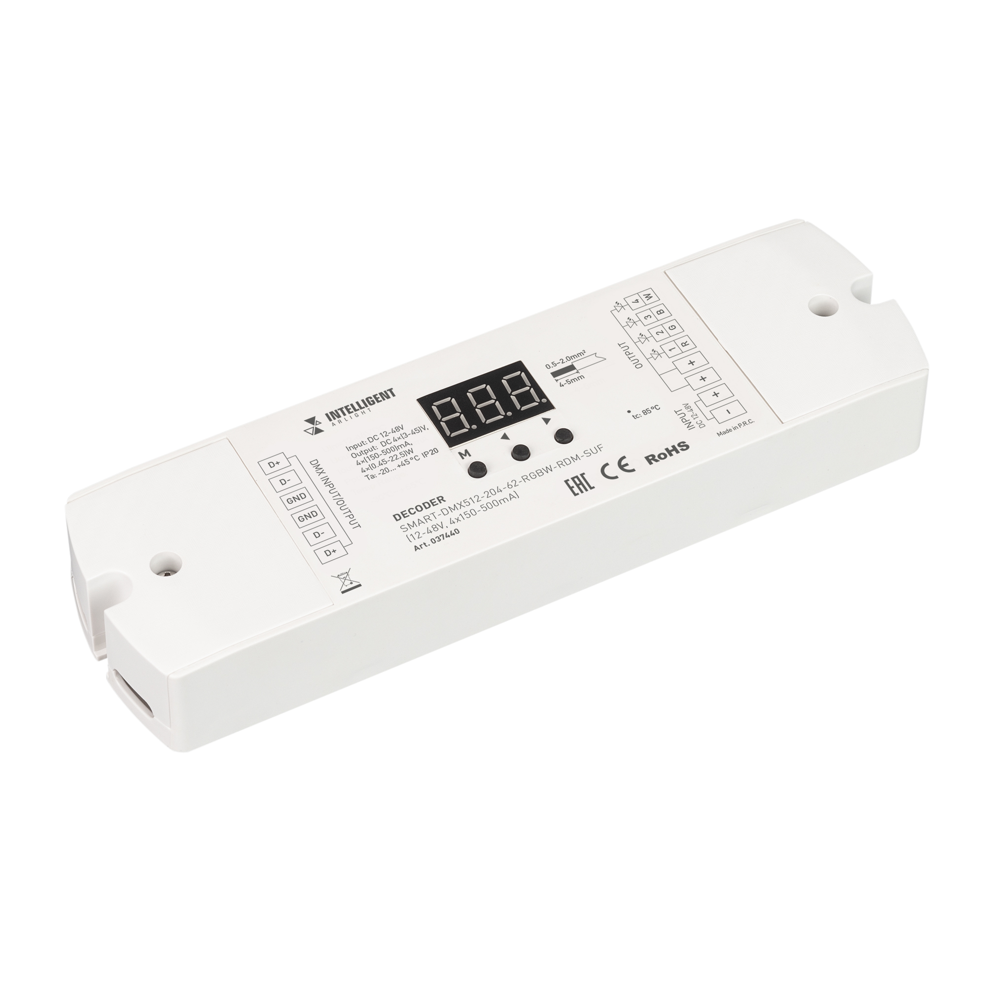 INTELLIGENT ARLIGHT Декодер SMART-DMX512-204-62-RGBW-RDM-SUF (12-48V, 4x150-500mA) 037440 - Декодер DMX512. Питание 12-48VDC, выходное 3-45 VDC напряжение, ток 150-500mA на канал, 4 канала, максимальная мощность 1.8W-90W. Ток и частота ШИМ (250Гц-16000Гц)