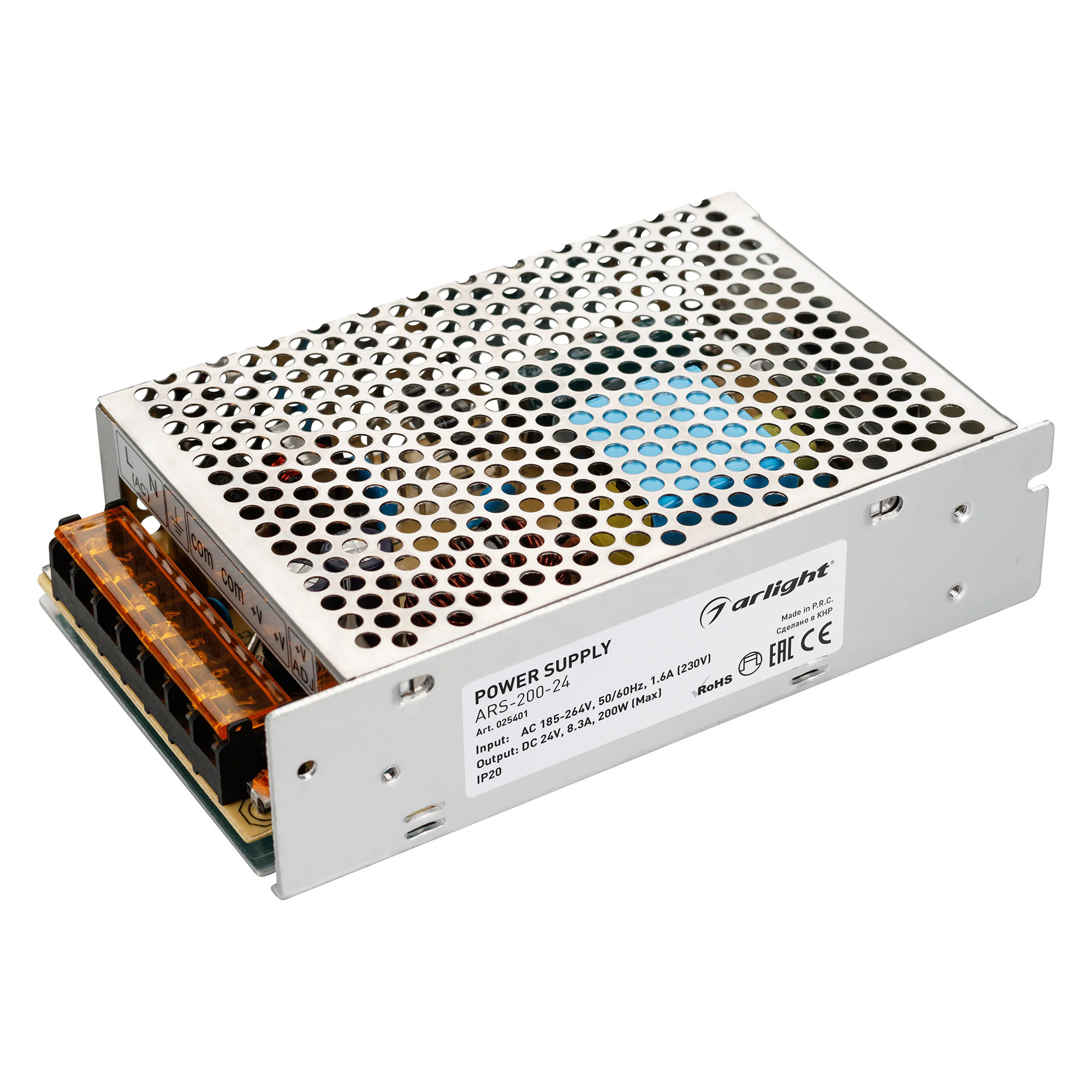 Блок питания ARS-200-24 (24V, 8.3A, 200W) 025401 - Источник напряжения с гальванической развязкой для светодиодных изделий. Входное напряжение 185-264 VAC. Выходные параметры: 24 В, 8,3 А, 200 Вт. Встроенный PFC >0,5. Негерметичный алюминиевый сетчатый ко