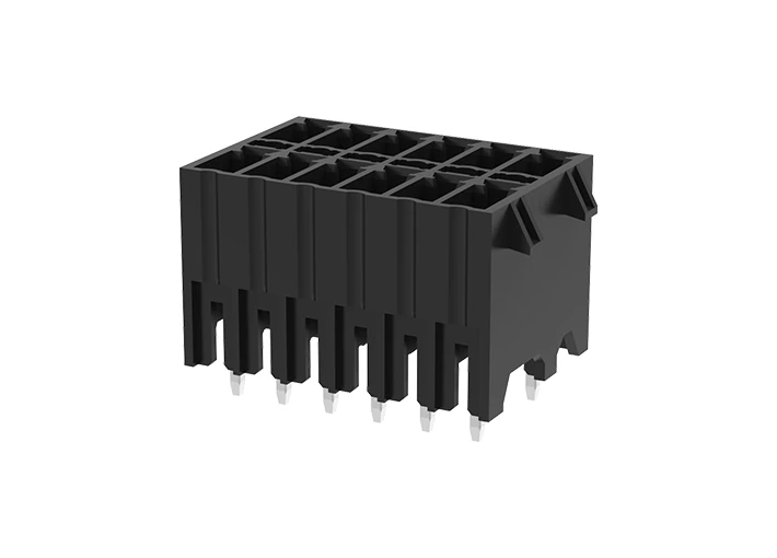 Вилочный разъем на плату MC-DPAN3.5V21-D-BK-2600 - Вилочный разъем, вертикальный, 2 этажа, на плату, шаг: 3.5 мм, 21х2 полюс, фиксация на плате пайкой, исполнение: с упорами для защелок, 160V, 8A, цвет: черный