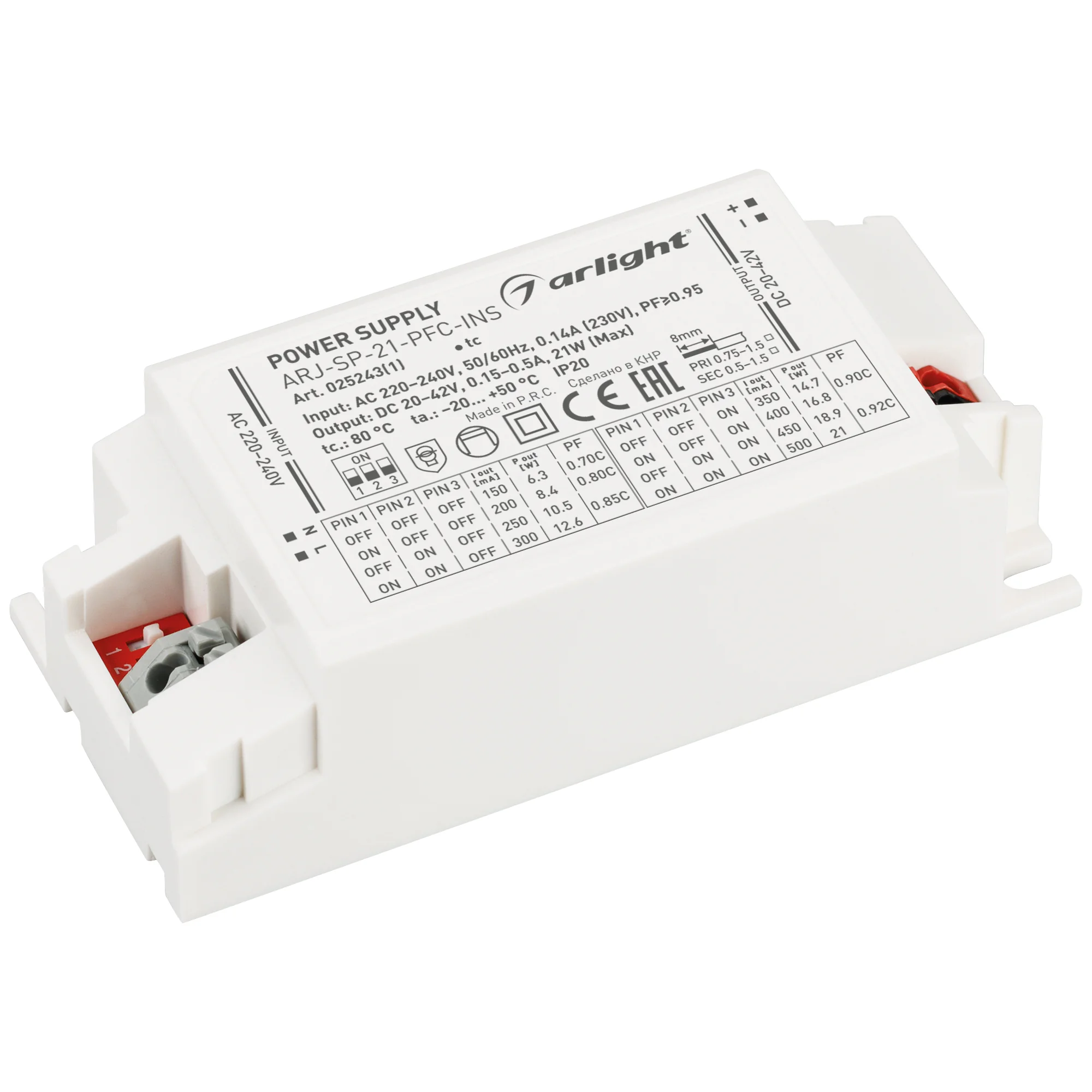 Блок питания ARJ-SP-21-PFC-INS (21W, 20-42V, 0.15-0.5A) 025243(1) - Предназначен для установки в светильник, поставляется без защитных крышек контактов. Регулируемый источник тока с гальванической развязкой для светильников и мощных светодиодов. Входное н