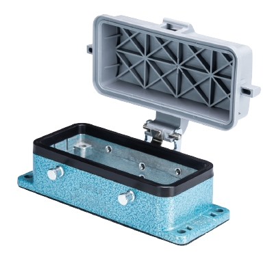 Открытое основание разъема EX 70.325.1628.9 - Основание разъема на панель, открытое, типоразмер 16B, взрывозащищита, с уплотнителем, без защелок (упоры для двух защелок), с защитной крышкой, материал корпуса: цинковый сплав