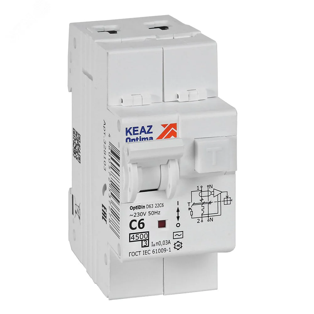 АВДТ с защитой от сверхтоков OptiDin D63-22C6-AC-У3 (2P, C6, 30mA, 4,5кА)